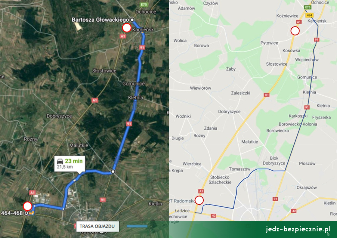 Polskie drogi - Wytyczony objazd na drodze krajowej nr 1 Kamieńsk - Radomsko